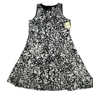 NWT Anne Klein Dress 14 Black White Floral Fit Flare A-Line Sleeveless keyhole